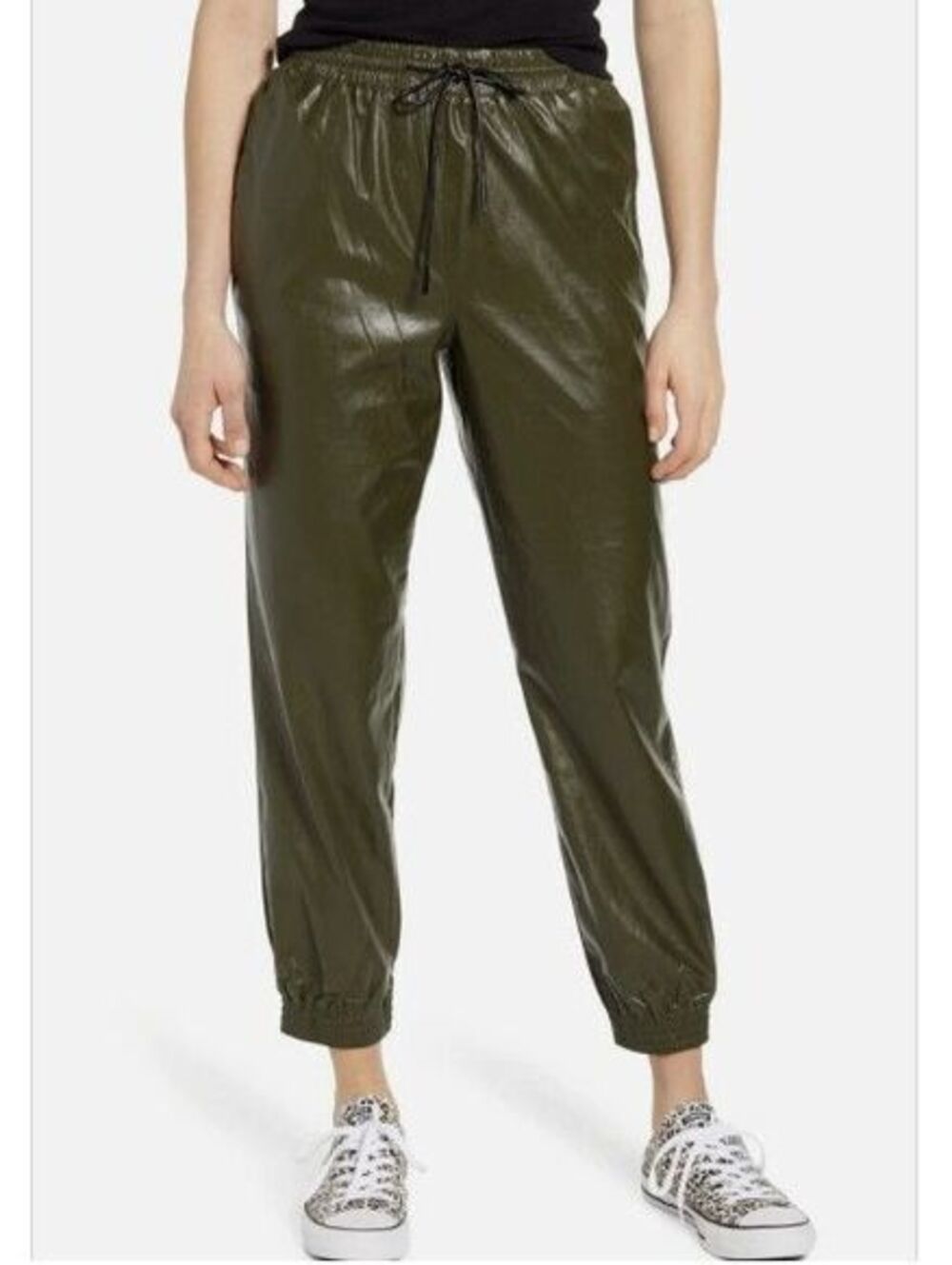 Know One Cares Faux/Vegan Leather Joggers MEDIUM Olive Green Pleather Pants EUC